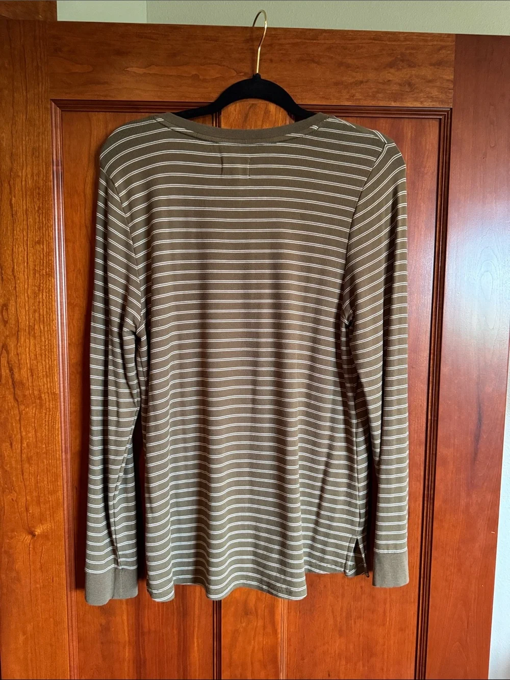 Thread & Supply Green and White Striped V-Neck Long Sleeve Top